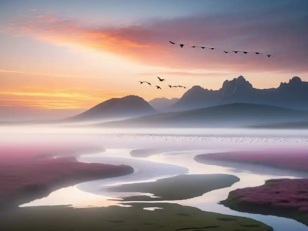 Rutas migratorias de aves en Uruguay: Amanecer en humedales con bandada de aves coloridas volando alrededor del río serpenteante