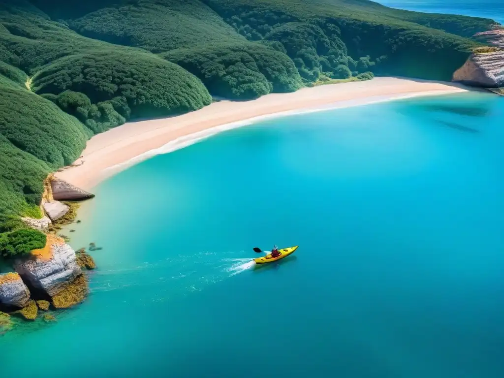 Explorando las Rutas de kayak en Uruguay: kayaks en Playa La Moza, aguas turquesas y naturaleza salvaje