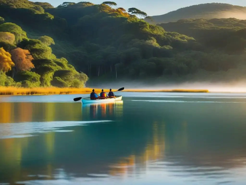 Explora las rutas de kayak en Uruguay mientras remas en Laguna Garzón al atardecer, rodeado de naturaleza y aves coloridas