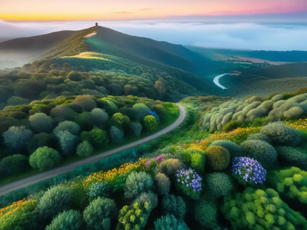 Rutas de senderismo en Uruguay: Sendero serpenteante entre bosques verdes, flores silvestres y colinas al atardecer