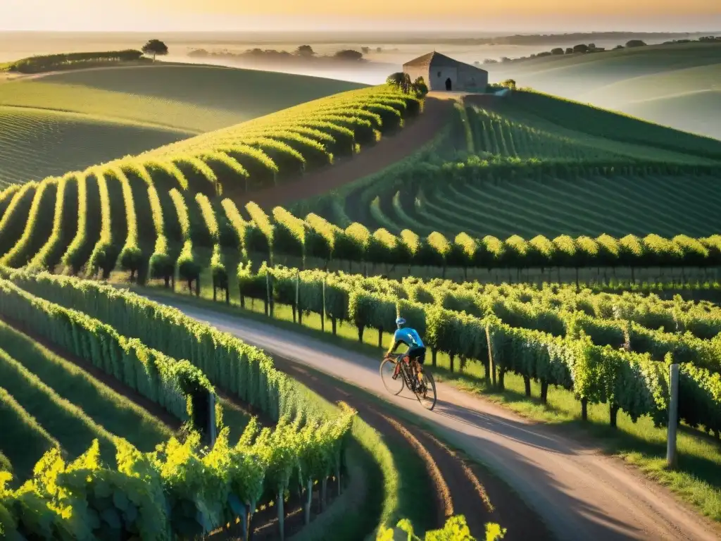 Disfrutando de las Rutas del vino en bicicleta Uruguay al atardecer entre viñedos exuberantes