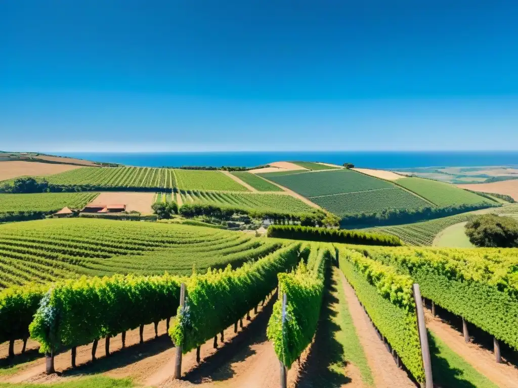 Rutas del vino más fotogénicas en Uruguay: Viñedos exuberantes bajo cielo azul destacando uvas y bodega tradicional