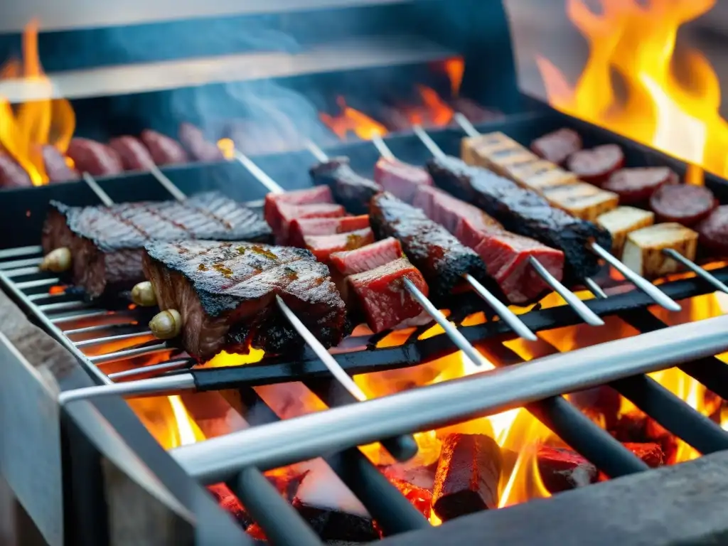 Deléitate con los sabores secretos de Uruguay en una parrillada tradicional con chorizo, morcilla y asado, mientras las llamas bailan en la parrilla