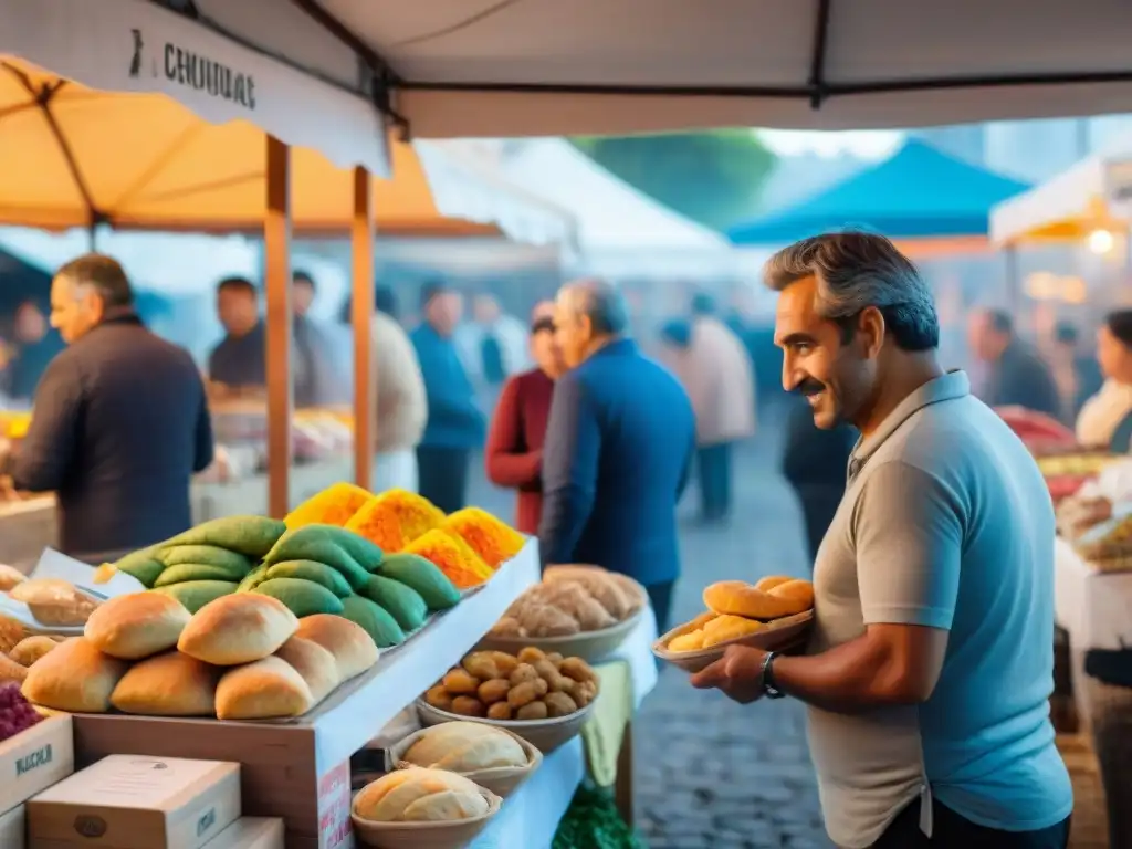 Explorando sabores uruguayos en un bullicioso mercado lleno de coloridos puestos