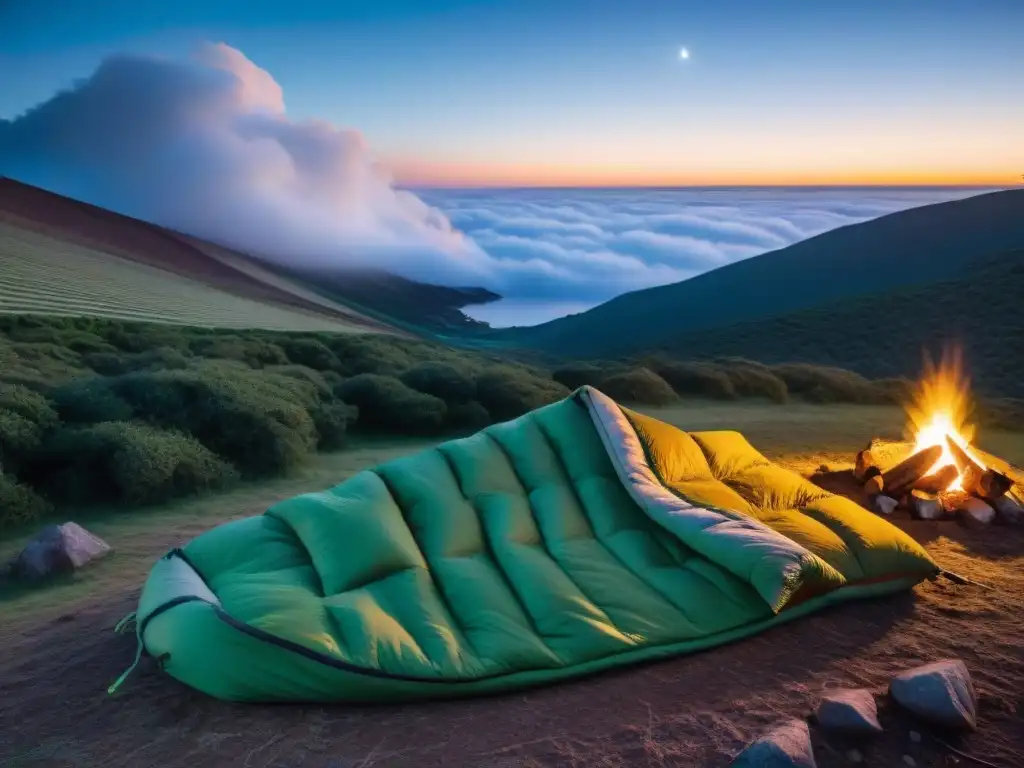 Saco de dormir cálido en campamento nocturno bajo cielo estrellado en Uruguay