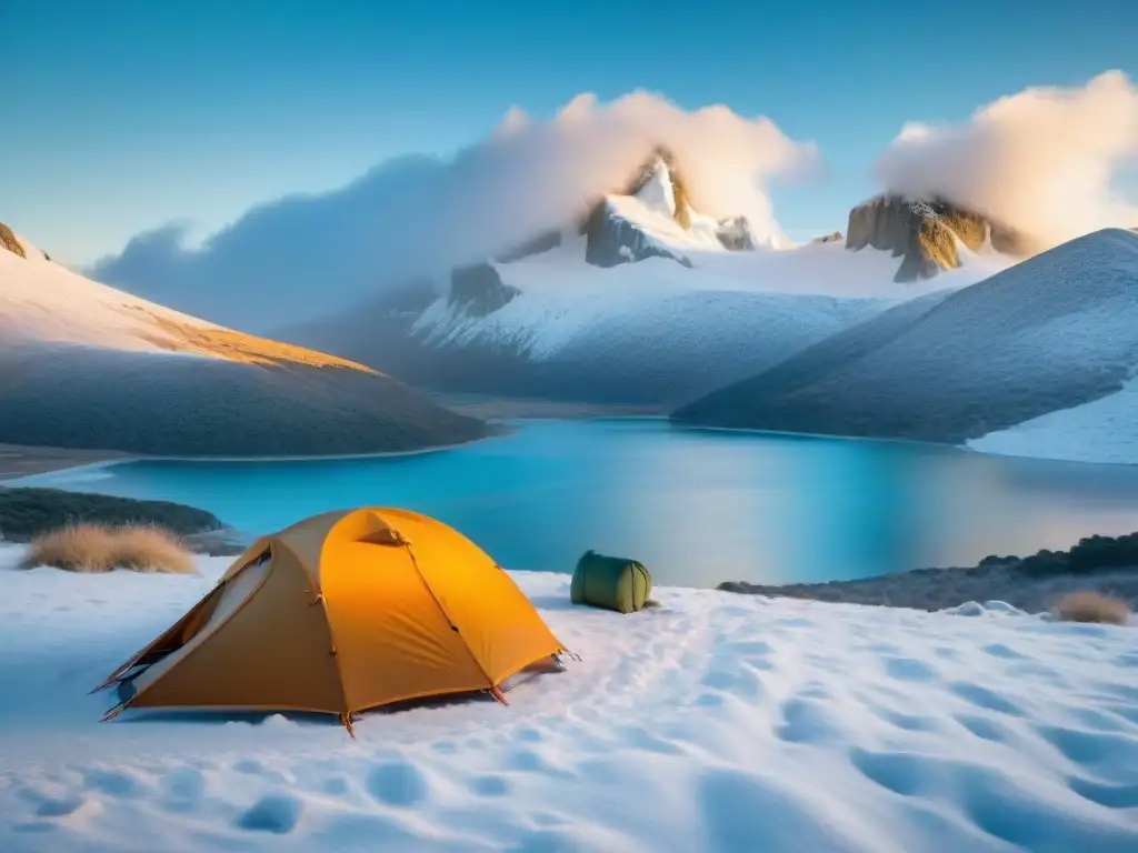 Sacos de dormir para Uruguay en un campamento invernal junto a un lago congelado y montañas nevadas al fondo, bajo un cielo azul