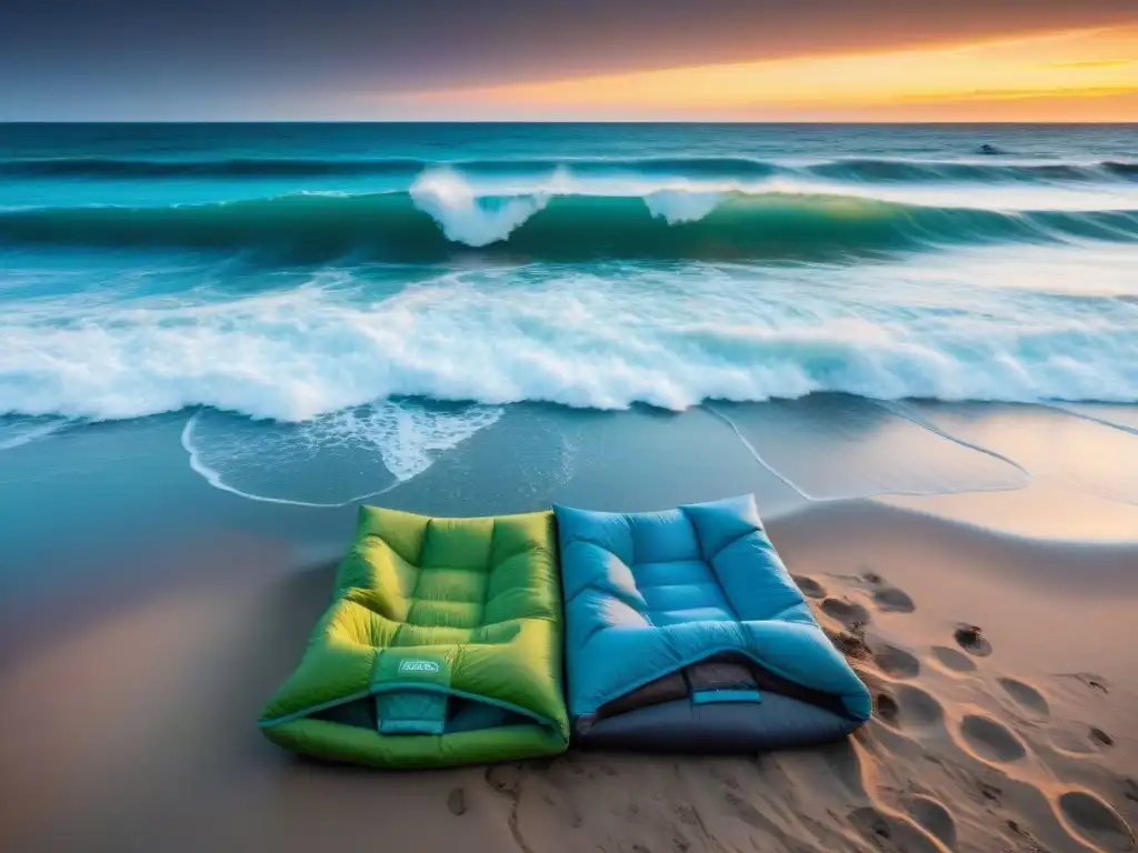 Sacos de dormir para acampar en playa de Uruguay al atardecer con olas y bolsas coloridas