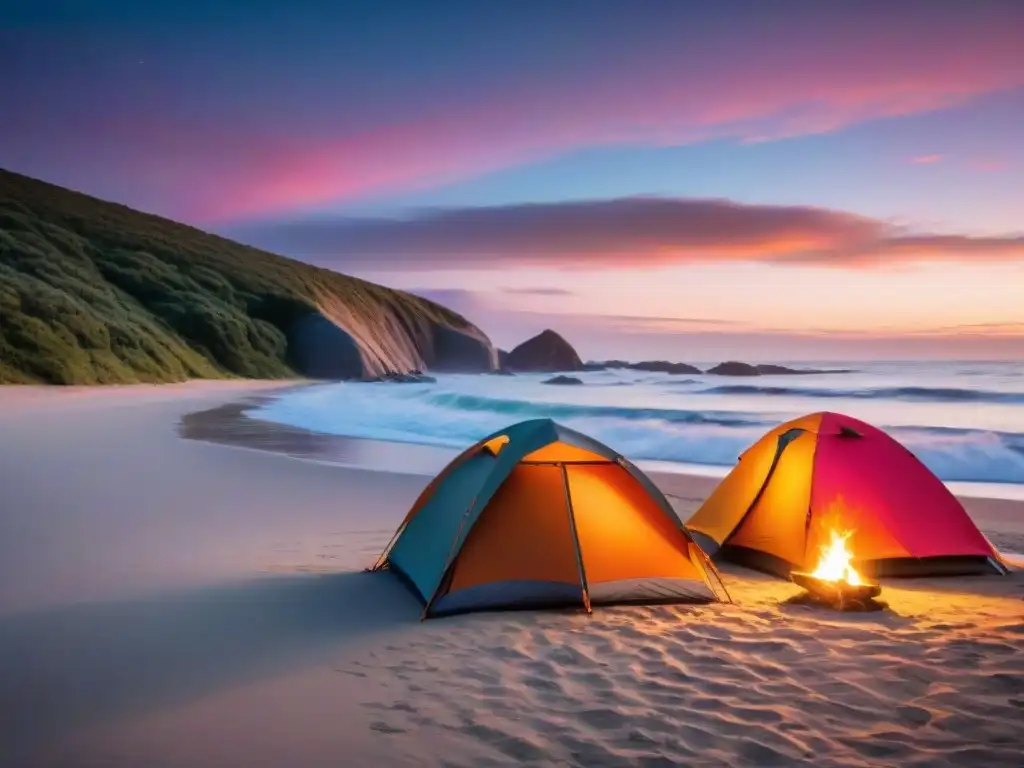 Sacos de dormir para acampar en una playa de Uruguay al atardecer, con tiendas de colores y una fogata cálida iluminando la escena