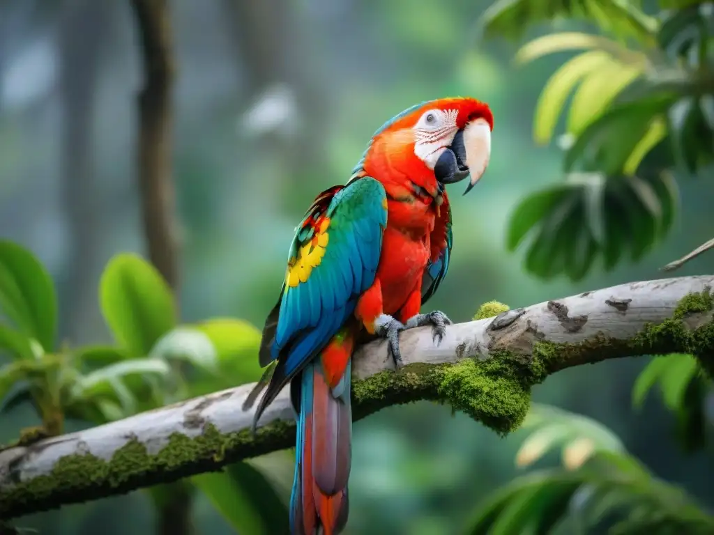 Scarlet Macaw posado en árbol en selva verde de Uruguay, mostrando belleza de aves