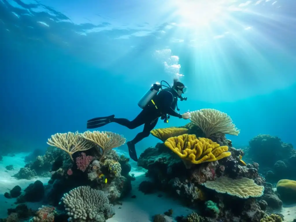 Exploración submarina: buceo en arrecifes de coral en Uruguay Exploración segura de coral en costas de Uruguay, equipo profesional y colorida vida marina bajo el agua