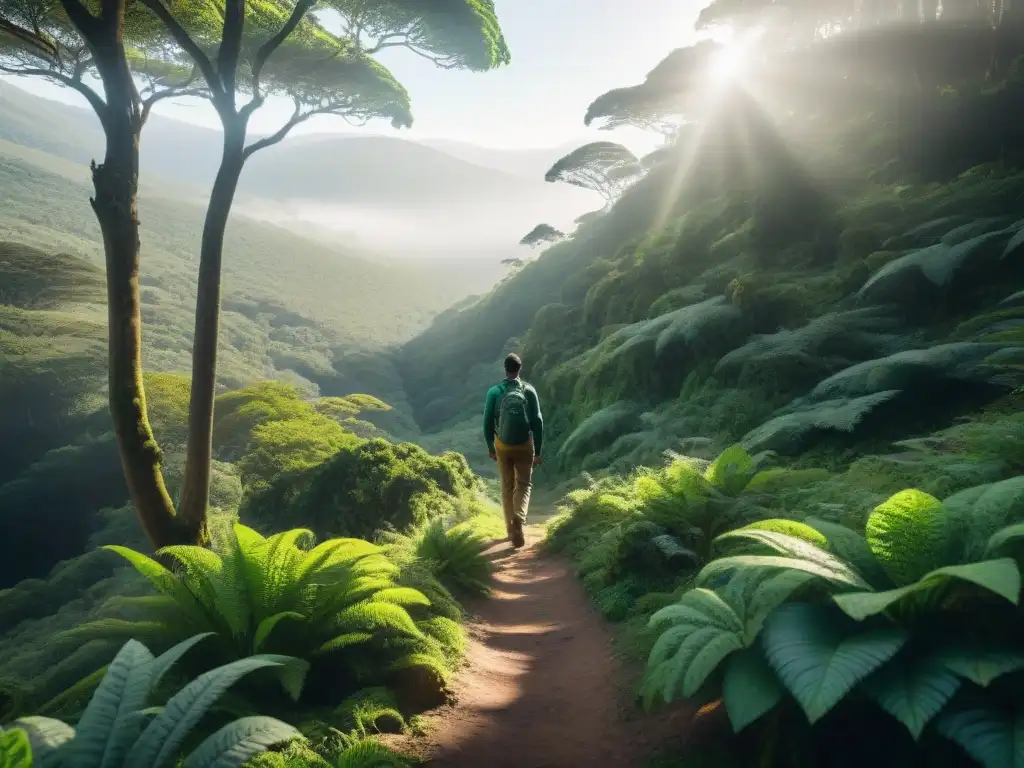 Senderismo en Uruguay: figura caminando en un bosque verde, iluminado por el sol, evocando tranquilidad y conexión con la naturaleza