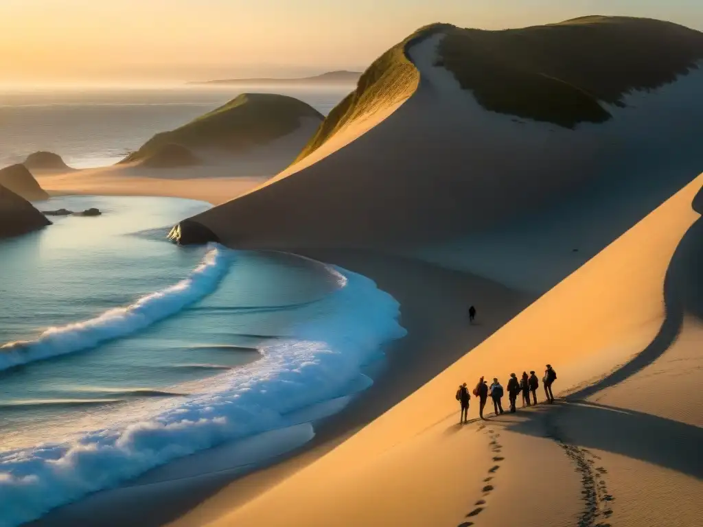 Senderismo en Cabo Polonio: hikers en la cima de una duna gigante al atardecer, con lobos marinos jugando en la playa