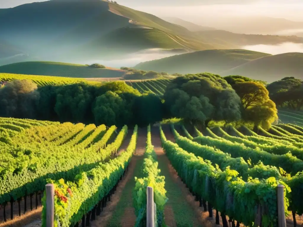 Senderismo enotecas Uruguay aventura: Grupo de excursionistas caminando entre viñedos al atardecer, con colinas y viñedos coloridos al fondo