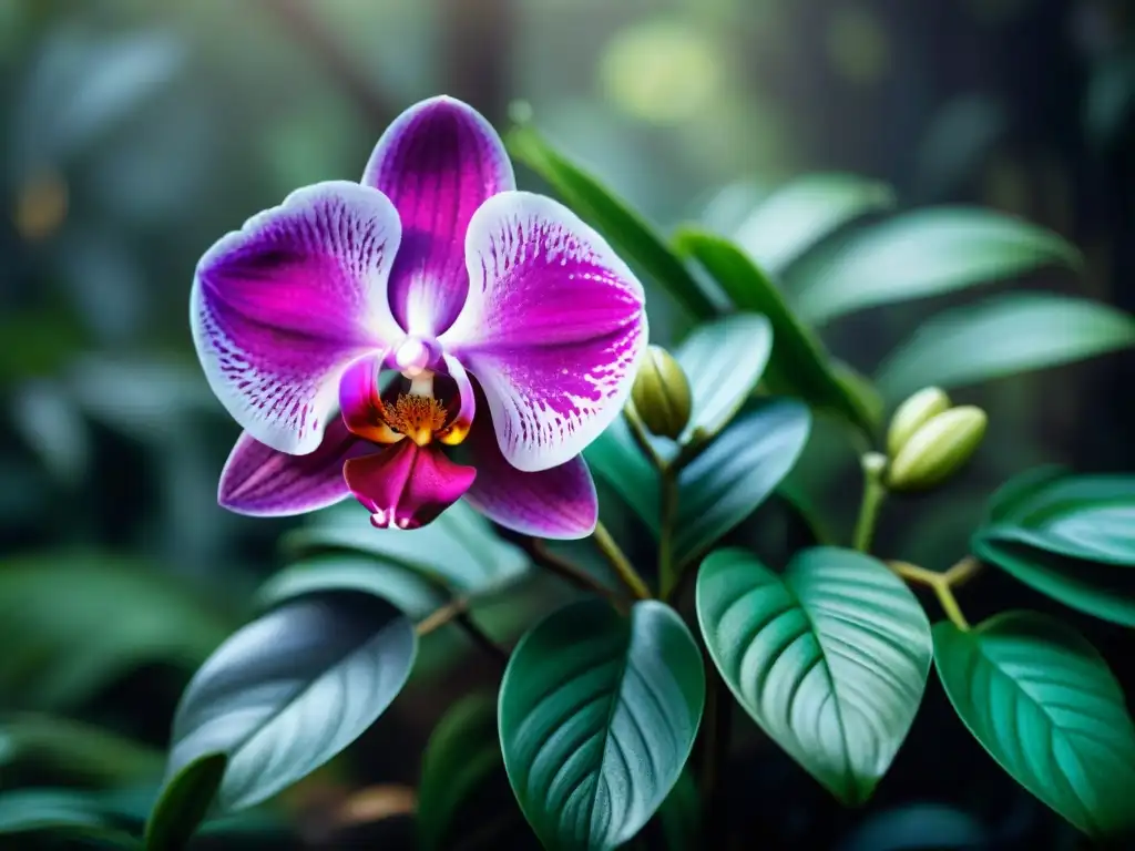 Senderismo en Uruguay: Detalle de una exuberante orquídea entre helechos en la selva, con pétalos brillantes en tonos morados y rosados