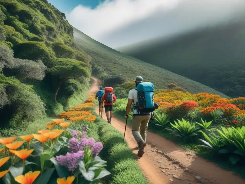 Senderismo en Uruguay: hikers explorando exuberante sendero entre flora y fauna