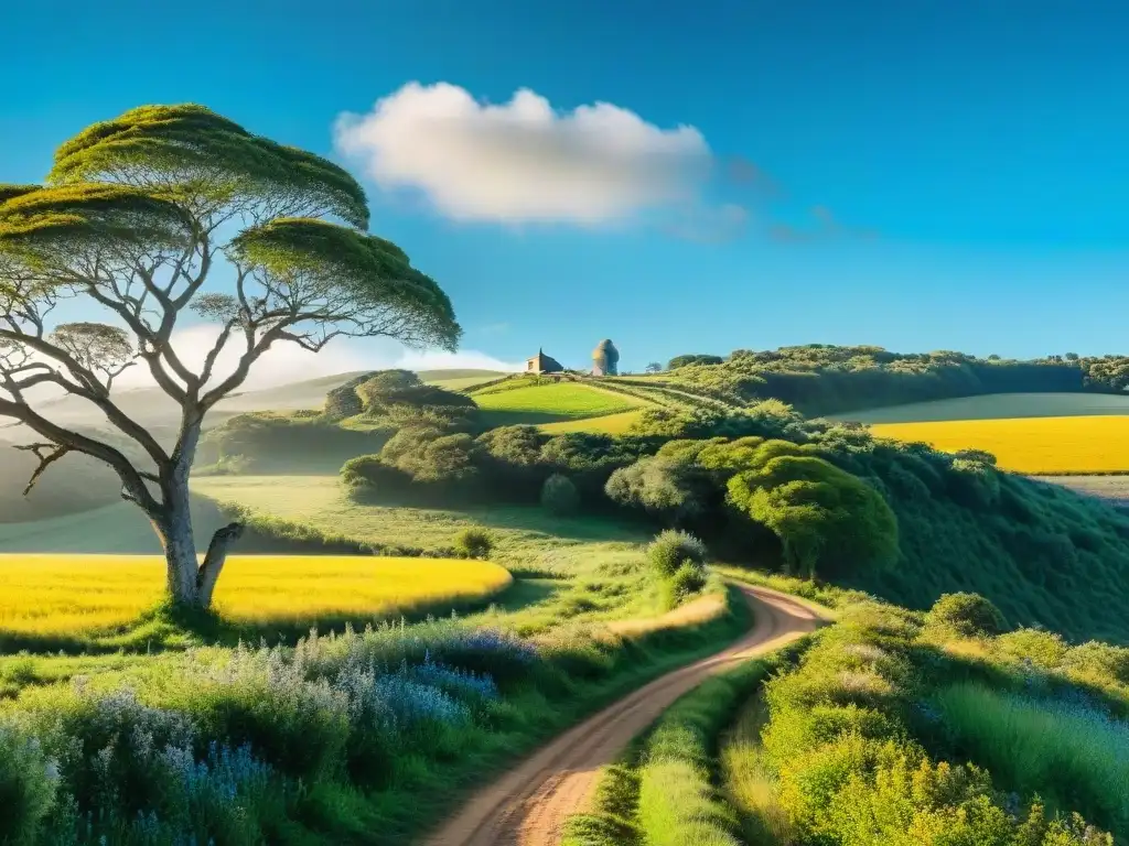 Un senderismo mágico por los caminos rurales de Uruguay: verdes paisajes, colinas ondulantes y un cielo azul sereno