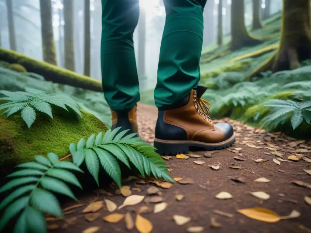 Un senderismo responsable en Uruguay: botas de excursionista en un sendero forestal tranquilo y frondoso