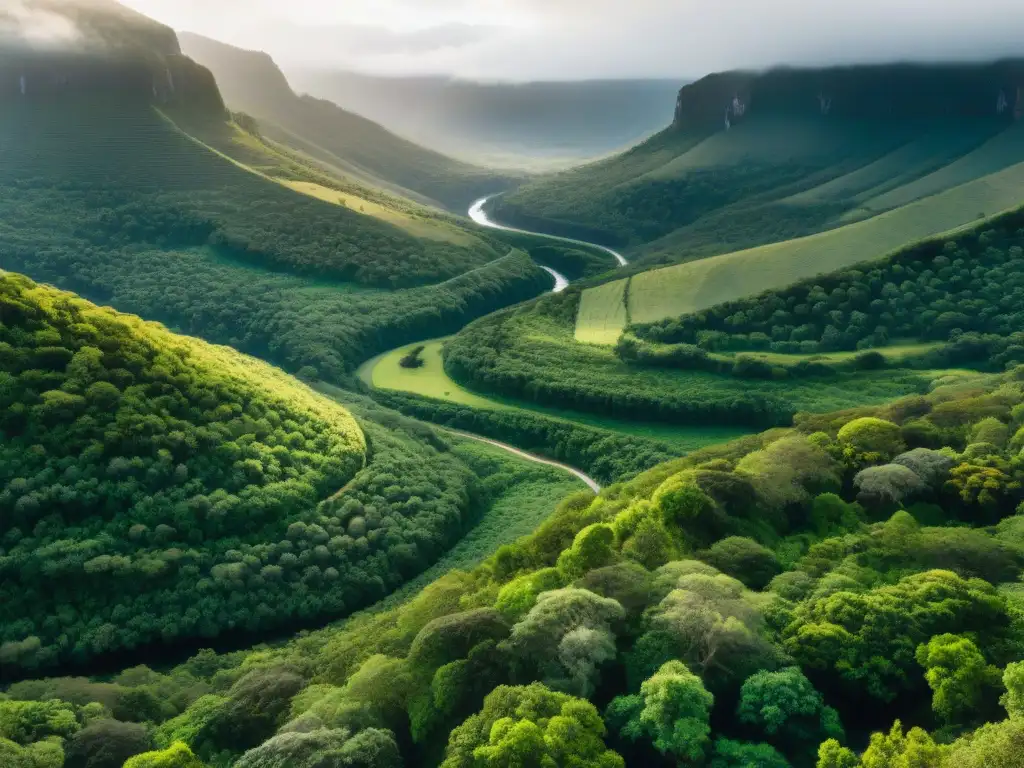 Un senderismo responsable en Uruguay: un valle exuberante y una cascada distante; exploradores en armonía con la naturaleza