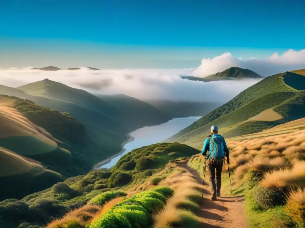 Excursión de senderismo en Uruguay con ropa adecuada de marcas como Patagonia, The North Face y Columbia, entre exuberante vegetación y cielo azul