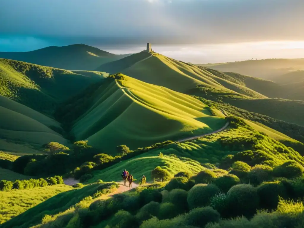 Senderismo en Uruguay: Sendero serpenteante entre montañas verdes con estancia tradicional al atardecer