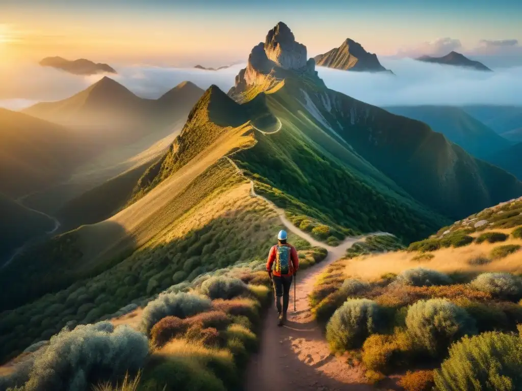 Senderismo en Sierras de Minas: Hikers explorando la majestuosa sierra al atardecer con los rayos dorados del sol