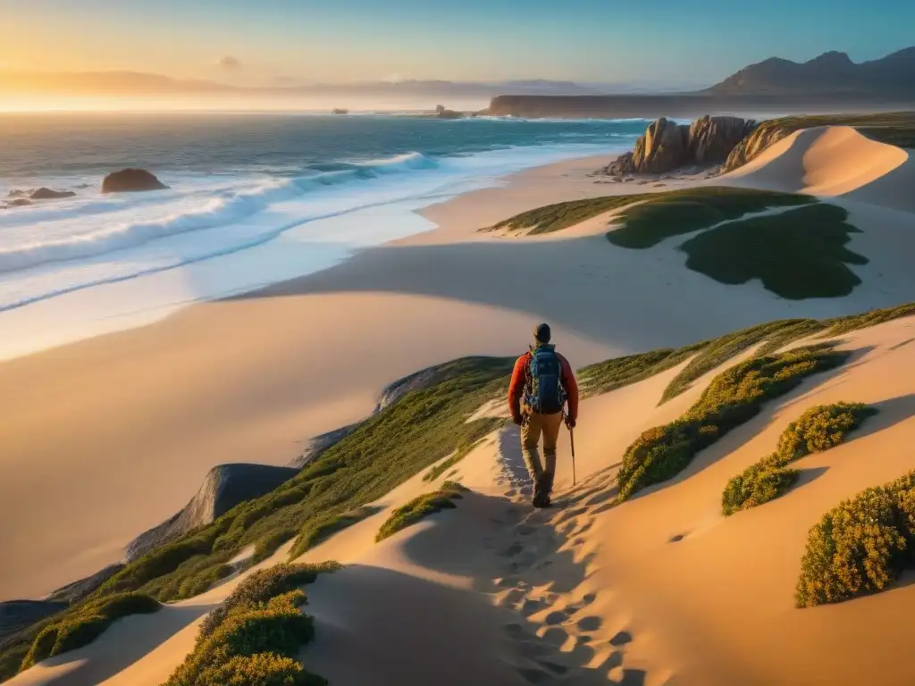 Un senderista en Cabo Polonio disfruta del atardecer entre lobos marinos