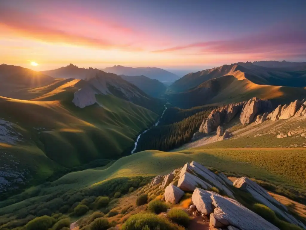 Un senderista contempla la majestuosidad de las Sierras de Rocha al atardecer, con la luz dorada iluminando picos y valles verdes