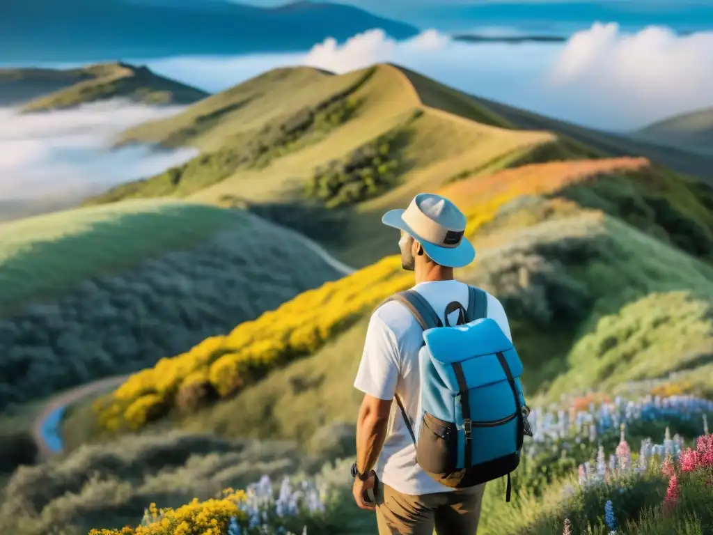 Explorando la naturaleza en Uruguay: hiker en colina verde Un senderista en un paisaje exuberante en Uruguay con la palabra clave 'Apps para senderos en Uruguay'