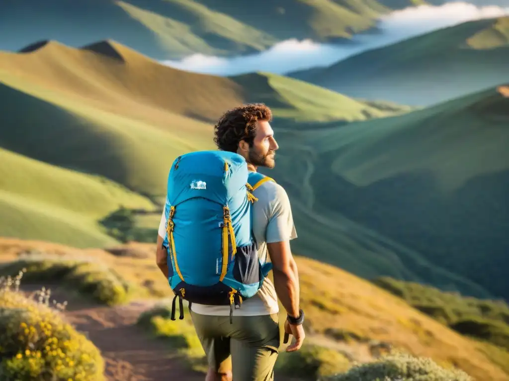 Un senderista con ropa adecuada trekking Uruguay, explorando paisaje rural