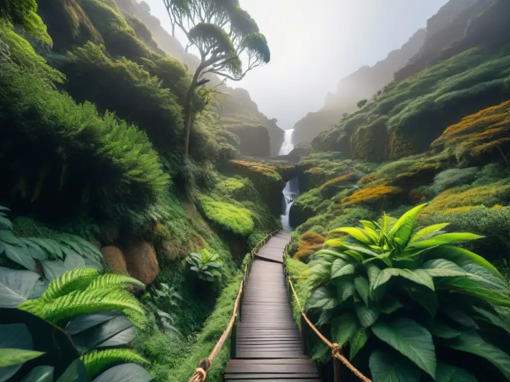 Sendero agreste hacia Cascada Penitente en Uruguay, entre exuberante vegetación con luz solar filtrándose