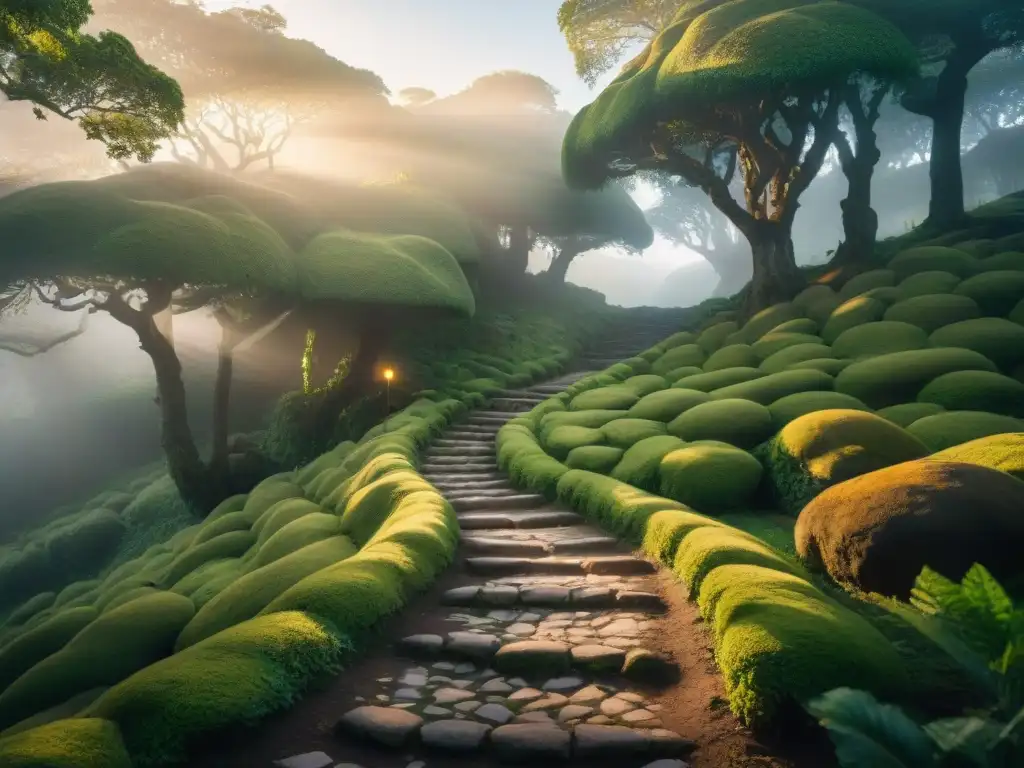 Un sendero histórico uruguayo se adentra en un bosque verde, bañado por la luz dorada del atardecer