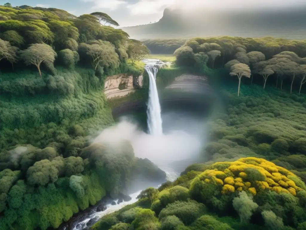 Un sendero mágico en un exuberante bosque de Uruguay, con cascada al fondo
