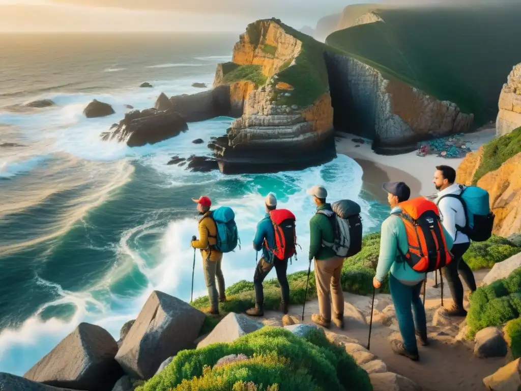 Exploradores desafiando acantilados en Rocha, Uruguay Sendero de pescadores en la costa de Rocha: hikers explorando acantilados con olas y atardecer dorado