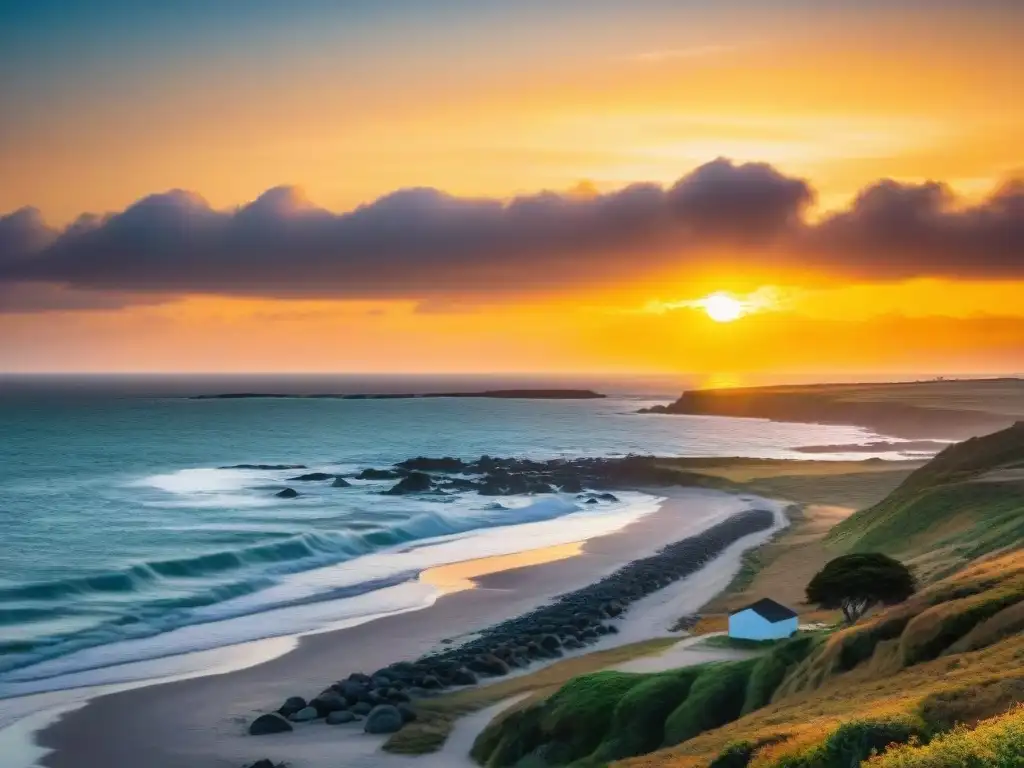 Atardecer vibrante en la costa de Rocha, Uruguay: pescadores al atardecer Sendero de pescadores en la costa de Rocha, Uruguay, bajo un vibrante atardecer dorado
