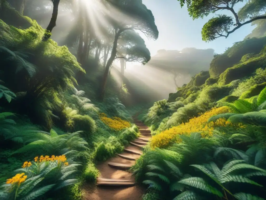 Sendero rural en Uruguay con exuberante vegetación, cascada al fondo y senderistas maravillados