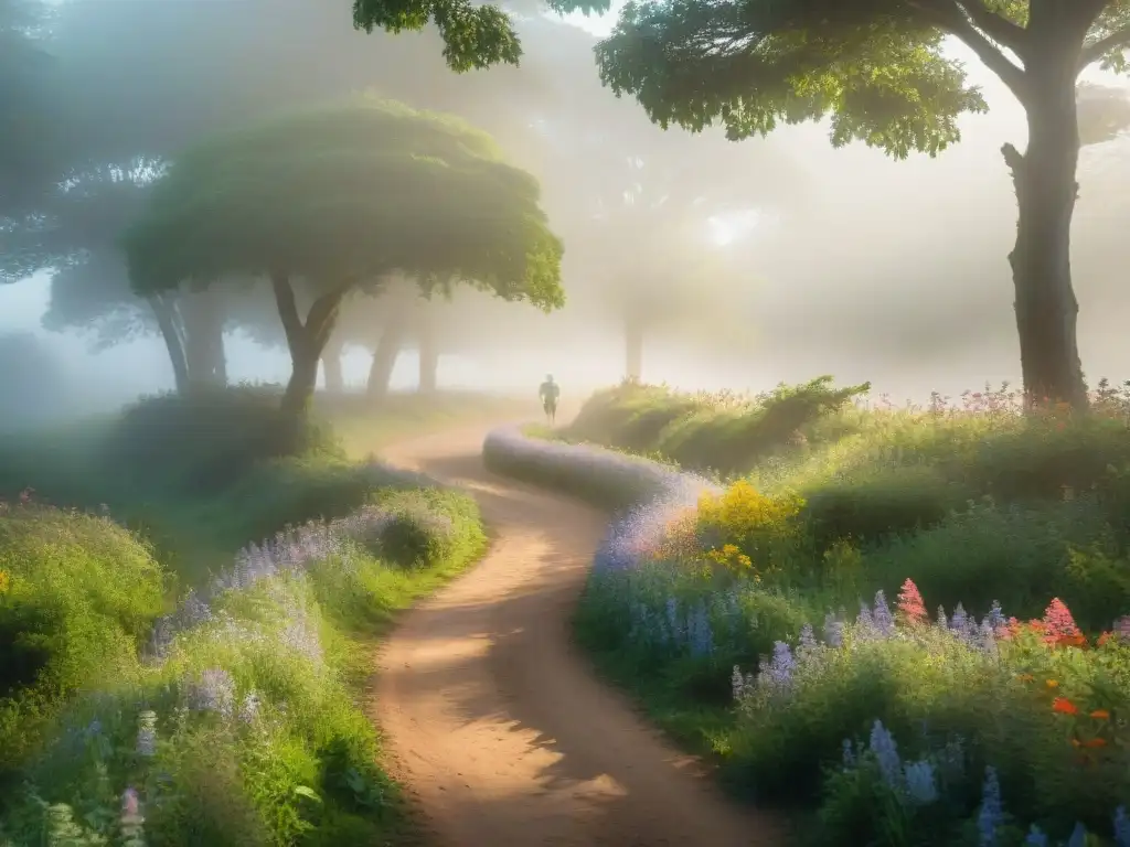 Un sendero sereno entre árboles y flores silvestres en Uruguay