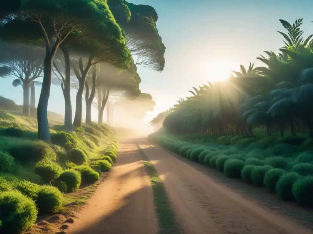 Sendero sereno en Uruguay: exuberante naturaleza y tranquilidad al correr Sendero sereno de running en Uruguay con exuberante vegetación y sol matutino dorado