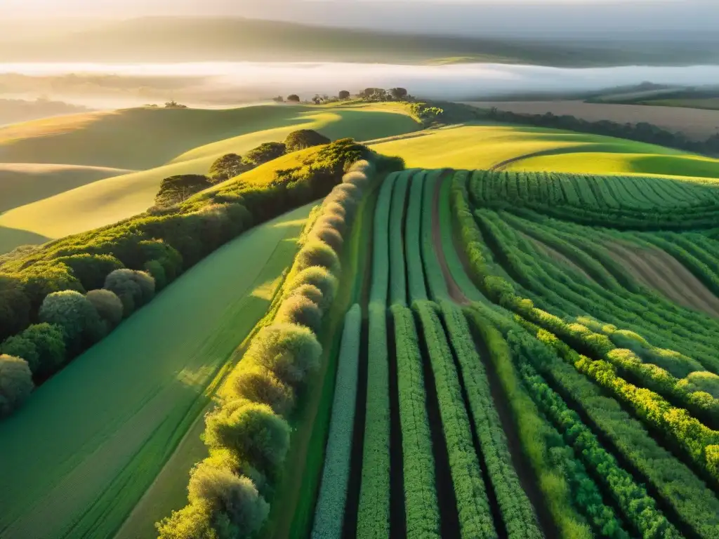 Un sendero serpenteante en campos verdes y colinas de Uruguay al atardecer