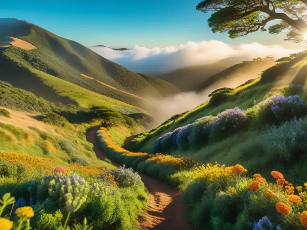 Un sendero sinuoso en las montañas de Uruguay, rodeado de flores silvestres y árboles altos