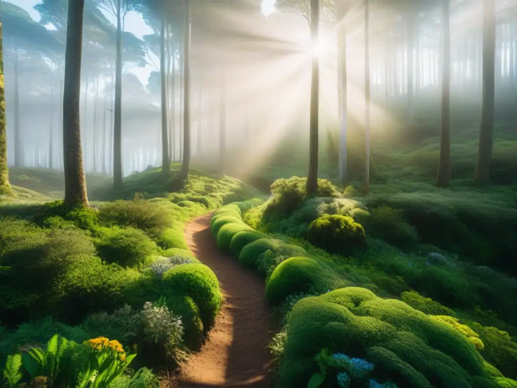 Un sendero sostenible en un bosque verde de Uruguay, con hikers y flores silvestres