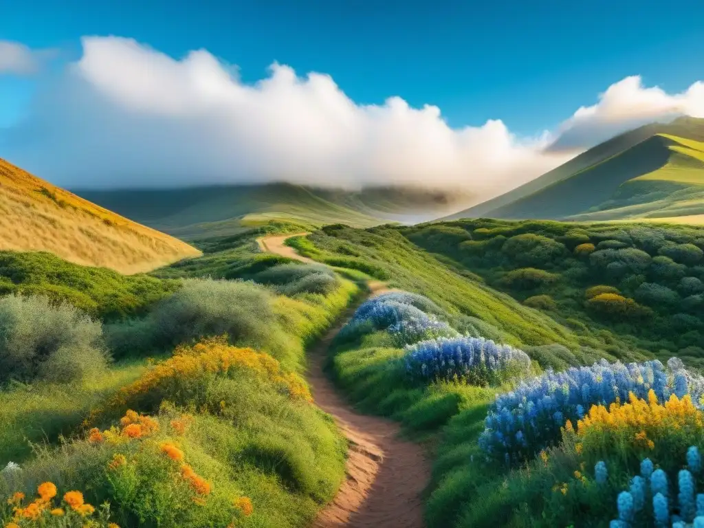 Un sendero de trekking amigable para principiantes en Uruguay, rodeado de naturaleza exuberante y montañas lejanas