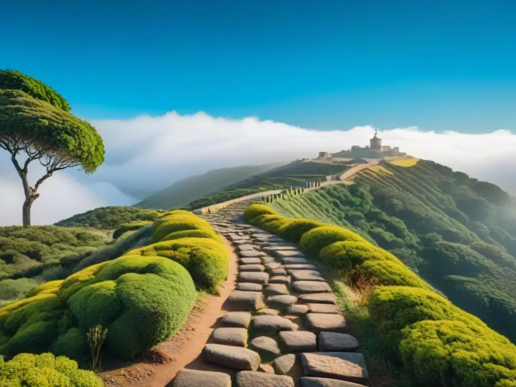 Senderos históricos Uruguayos caminatas: Camino del Indio, sendero de piedra antiguo rodeado de vegetación en Uruguay