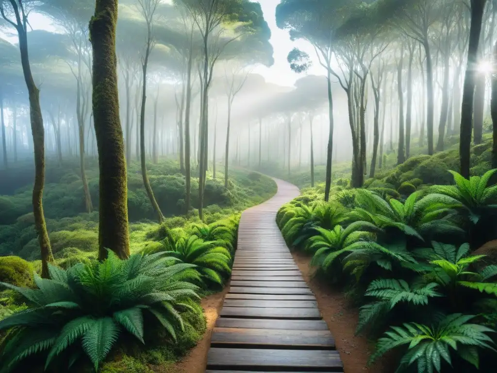 Senderos secretos Uruguay aventureros: Sendero en el bosque de Uruguay, luz filtrándose entre la densa vegetación nativa