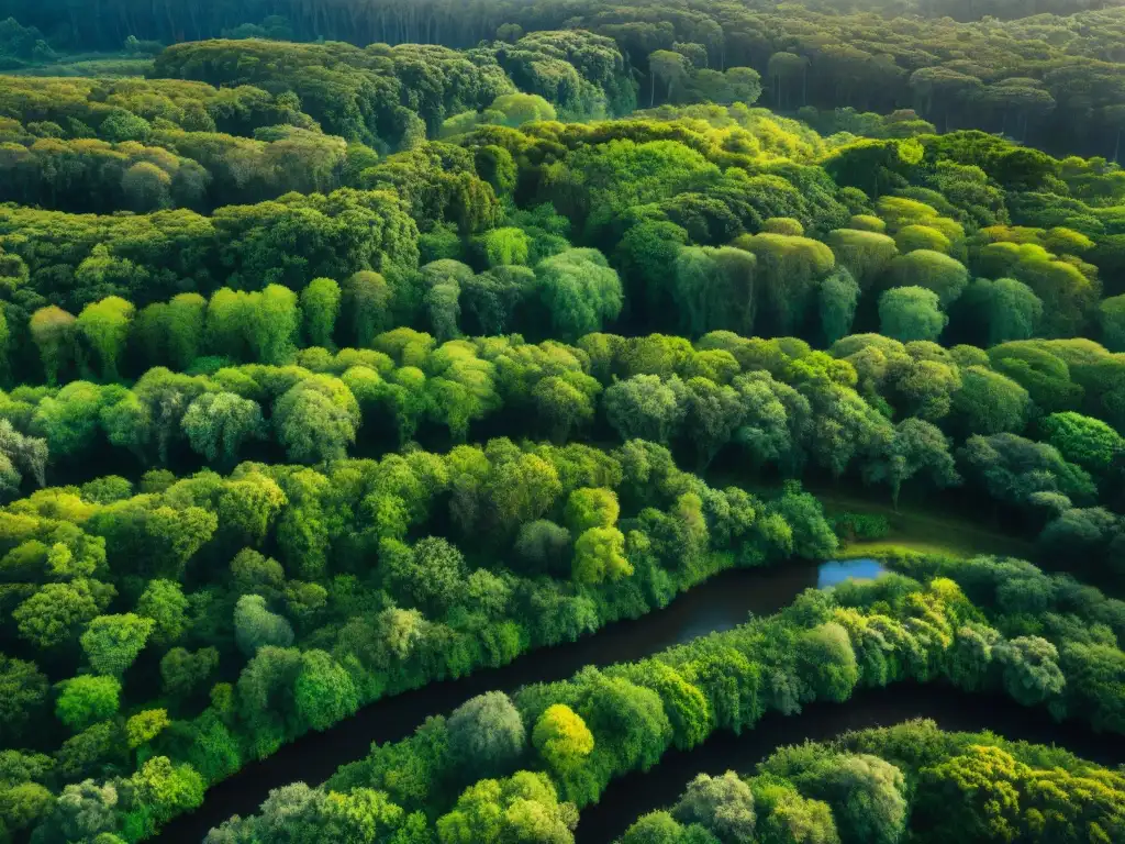 Senderos sostenibles en Uruguay: vista aérea de un exuberante bosque verde con hikers, mostrando la belleza de proyectos ecoturismo