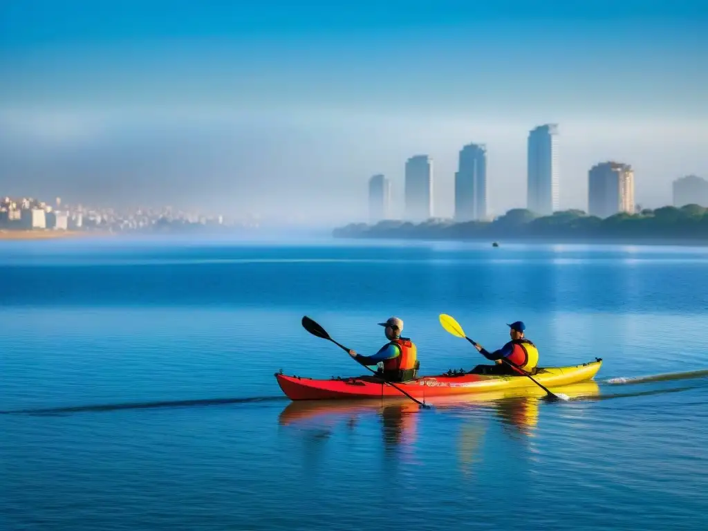 Explorando la serena belleza del Río de la Plata en Montevideo, kayakers disfrutan de deportes acuáticos