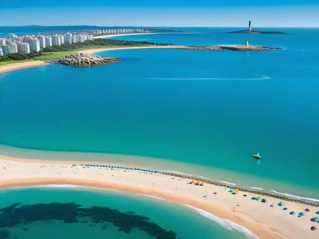 Explora la serenidad de la playa en Punta del Este, Uruguay, con arena dorada y aguas turquesas cristalinas bajo un cielo azul