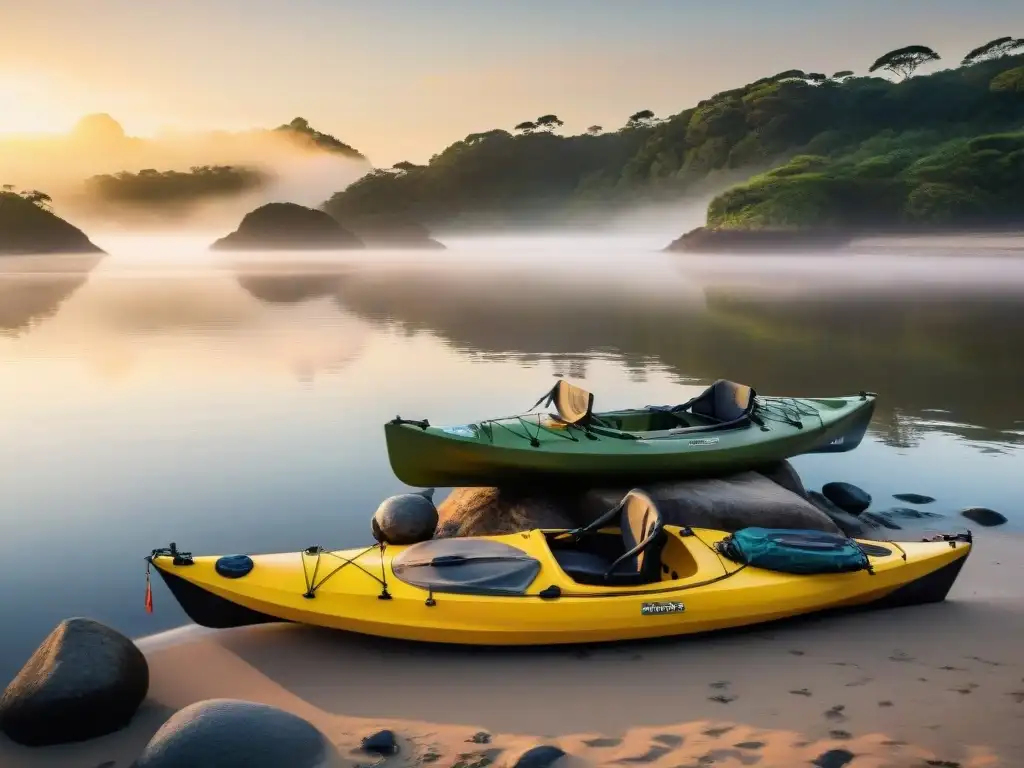 Kayaks para expedición en Uruguay: Amanecer sereno sobre el Río Uruguay, kayak cargado de equipo para acampar, paisaje inspirador