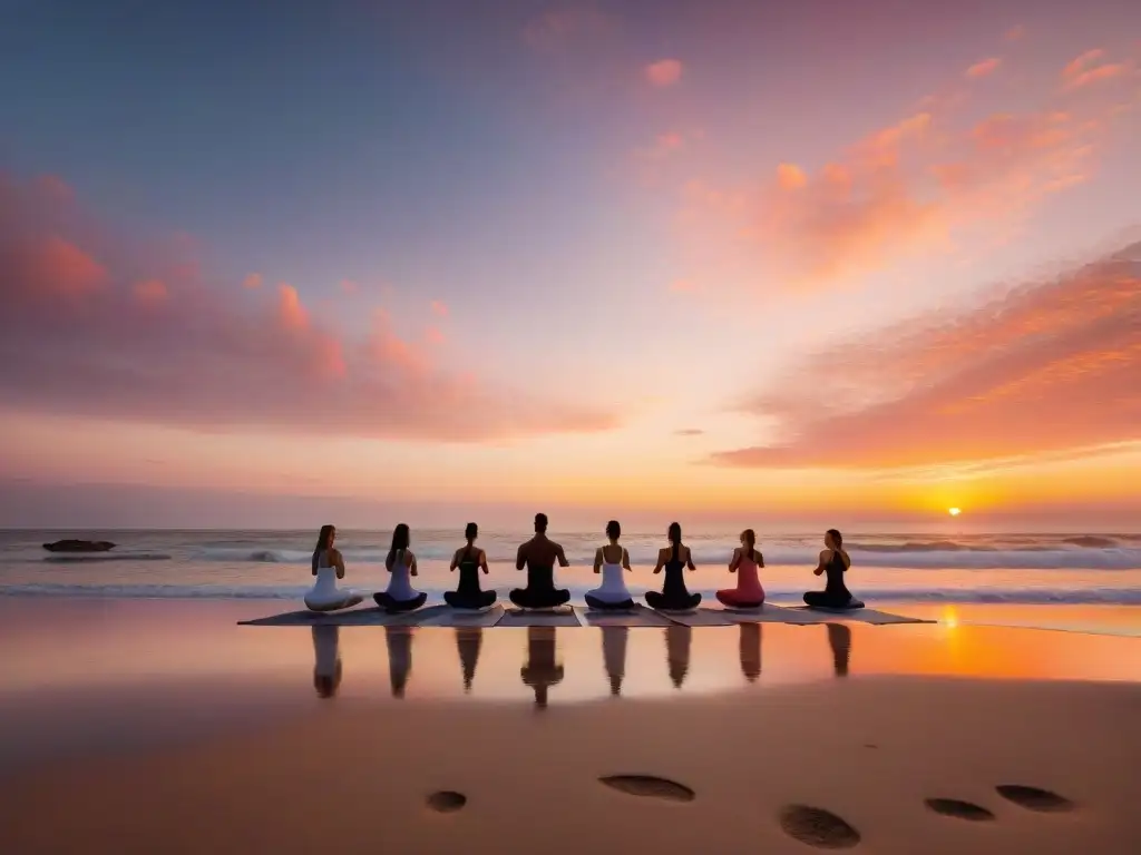 Una sesión de yoga al atardecer en la playa de Uruguay: siluetas en poses tranquilas bajo un cielo anaranjado