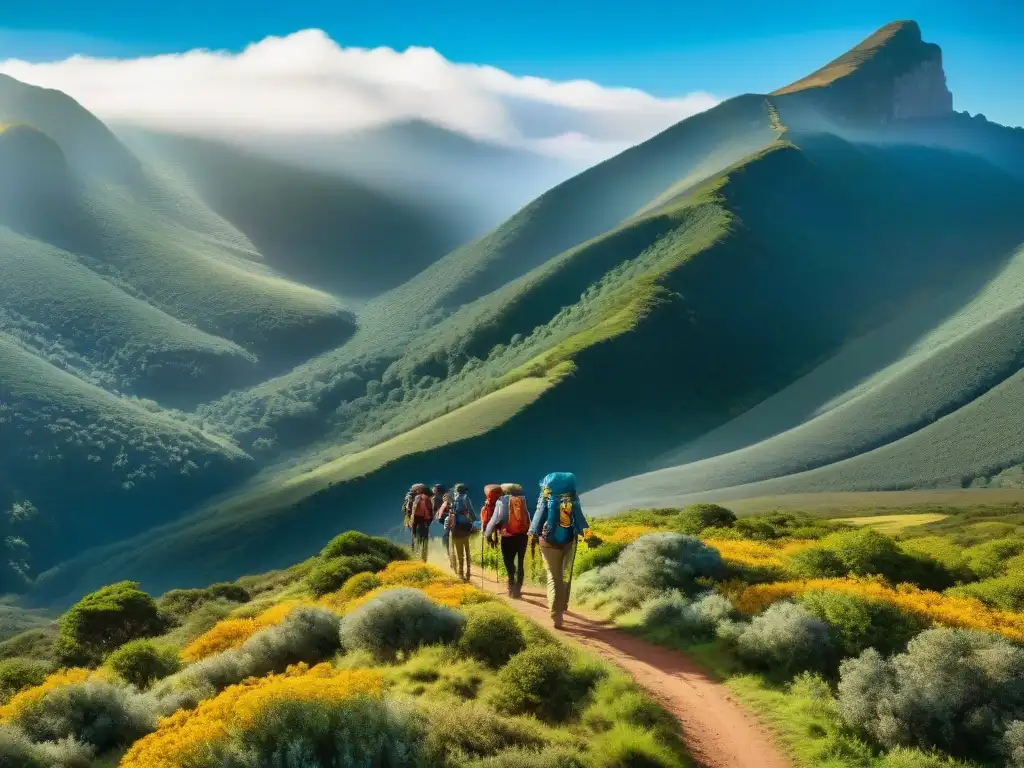 Excursión en la Sierra de Minas, hikers entre flores y árboles