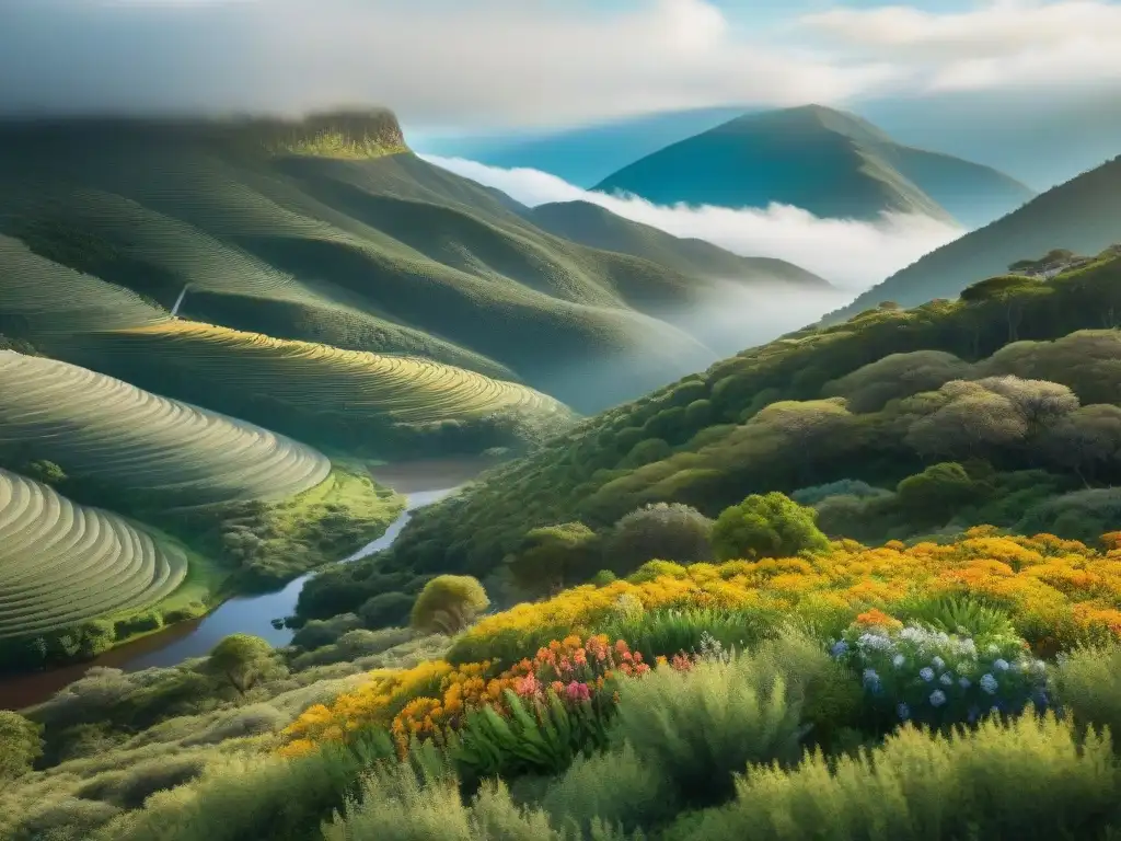 Biodiversidad en sierras de Uruguay: imagen de exuberante flora y fauna nativa en un bosque denso, con aves coloridas y flores vibrantes